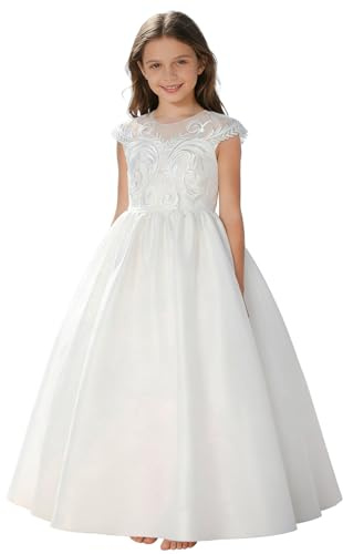 Girls Pageant Princess Satin Flower Girl Dress Embroidery Tulle for Kid Bridesmaid Birthday Party Communion Formal Ball Gown (US, Numeric, 4, Regular, White)