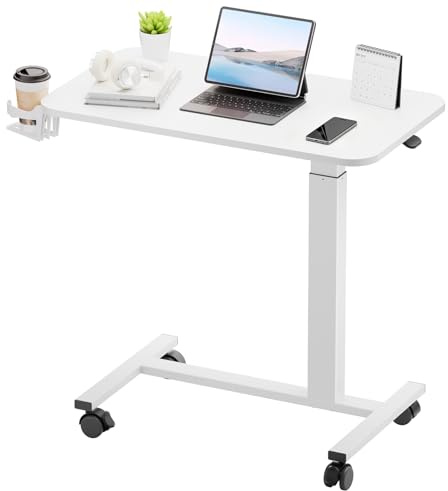 GTPLAYER Small Standing Desk with Wheels, Pneumatic Mobile Rolling Laptop Desk, Adjustable Height Overbed Bedside Table Computer Workstation for Home Office (28 W x 16 D, White)