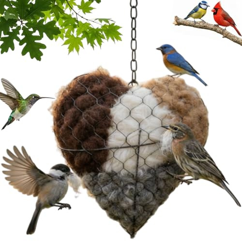 Hecho a mano de fibra de pájaro nido de corazón, soporte de material para nidos de pájaros, cajas de nido de colibríes para exteriores, refugio de aves de doble temporada, refugio de aves para