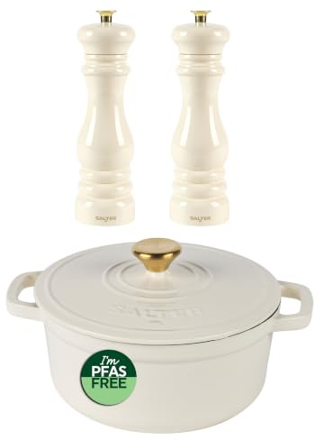 Salter Chester Cream Casserole Pot & Mill Set – 24cm Cast Iron Dutch Oven/Stock Pot with Adjustable Ceramic Salt & Pepper Grinders, Enamel Coated, Induction & Oven Safe, PFAS-Free, High Gloss Acrylic | 3.4 L capacity, enamel coated, self basting lid, induction compatible, oven safe to 240 C, adjustable ceramic grinders