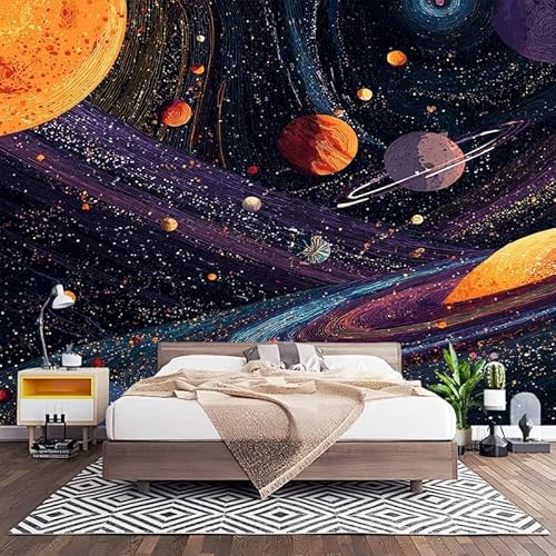 Vliestapete XXL Wandtapete 3D Effekt Wand Dekoration Weltraum-Illustrationen Fototapete Selbstklebend Moderne Design Bunt Mustertapete Wohnzimmer Schlafzimmer Büro Flur 200x140 cm