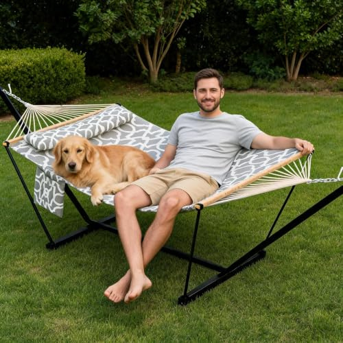 12FT Doppelhängematte mit Stahlgestell bis 200 kg belastbar, wetterfest & atmungsaktiv, mit Kissen und Seitentasche, für 2 Personen, Gartenhängematte für Terrasse, Balkon und Camping