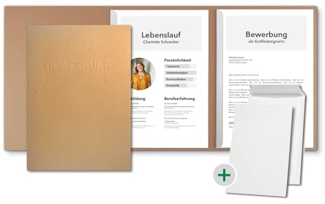 15 Stück 3-teilige Bewerbungsmappen Cognac mit 2 Klemmschienen in feinster Lederstruktur - hochwertige Prägung ''BEWERBUNG'' - inkl. 15 Versandumschläge in Weiß - direkt vom Hersteller STRATAG