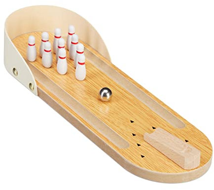 Relaxdays Tischbowling, Mini Bowlingbahn, Set mit 10 Pins, Geschicklichkeitsspiel, Erwachsene & Kinder ab 3 J., Natur
