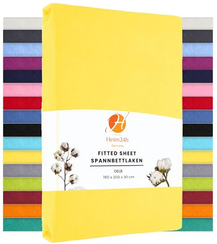Heim24h Spannbettlaken 180x200cm bis 30 cm, Gelb, 100% Baumwolle Bettlaken, Öko Tex Zertifiziert Jersey Spannbetttuch