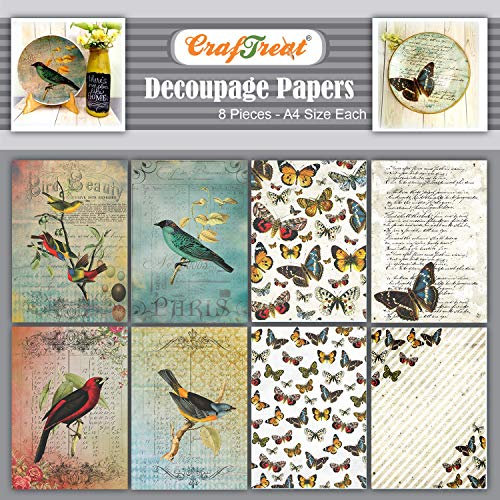 CrafTreat Decoupage A4-papper – fåglar och fjärilar (8 st) – vackra texturerade tunna papper för Decoupage, blandade media, konst- och hantverksprojekt