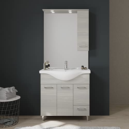Kiamami Valentina - Mobile bagno a terra da 85cm con ante e cassetto quercia grigio a specchio con pensile