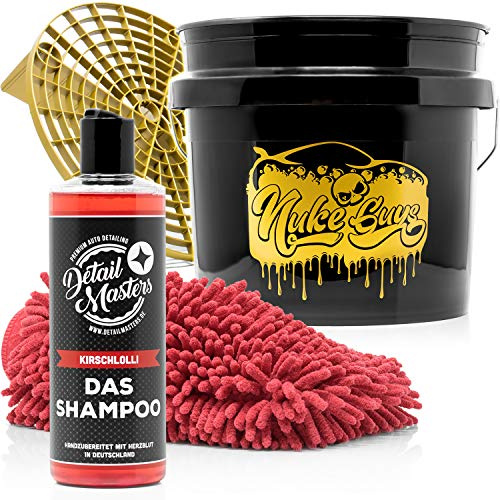 detailmate Autopflege Set - DetailMasters -Außenreinigung - Das Shampoo 500ml, Autoshampoo + Nuke Guys 3,5 GAL Wascheimer + Microfiber Monkey Waschhandschuh