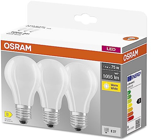 OSRAM LED BASE Classic A75, lampade LED a filamento smerigliato in vetro per base E27, forma di lampadina, bianco caldo 2700K, 1055 lumen, sostituisce le lampadine tradizionali 75W, scatola da 3