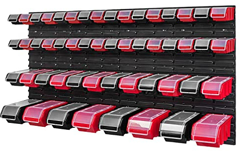 PAFEN Stapelbox Wandregal - 1544 x 780 mm - Lagersystem 52 Stück Boxen mit Deckel - Lagerregal Sichtlagerkästen Schüttenregal, Rot/Schwarz