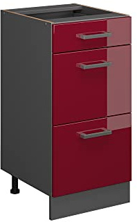 Vicco Küchenunterschrank R-Line, Rot Hochglanz, 40 cm | 3 Schubladen · Ohne Arbeitsplatte · Höhenverstellbare Füße · ✓ Leichter Zugriff · ✓ Frei kombinierbar