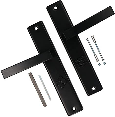 KOTARBAU® Juego de manillas para puertas de baño, Manilla con condena 72 mm, Manijas de puerta de acero inox, 2 Manetas de placa larga, Palancas cuadradas, Picaportes negros, Manilla derecha