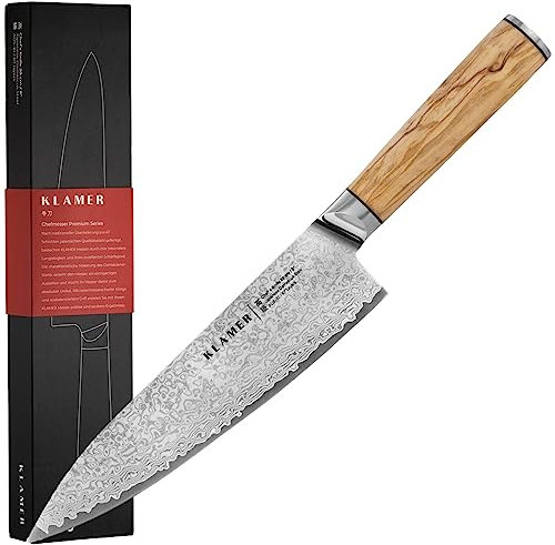 KLAMER Damast Chefmesser 20cm, extra scharfes Küchenmesser, echter japanischer Damaststahl, Fleischmesser