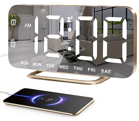 Slim LED Digital Alarm Clock, Mirror Surface for Makeup, with Diming, Large Display, Easy Setting, USB Charger Ports, Modern Bedroom, Desk, Office Living Room Decor, Christmas Birthday for Women Girl