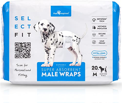 Paw Inspired Select Fit Male Dog Diapers, Disposable Male Wraps with Wetness Indicator| Belly Bands for Small, Medium, Large Dogs (Medium, 20 Count)