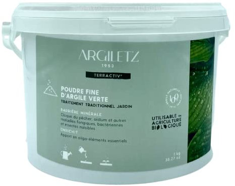 Argiletz - Poudre fine d'argile verte 1kg - Traitement traditionnel jardin - Barrière minérale anti cloque du pêcher, oïdium et autres maladies fongiques, bactériennes et insectes nuisibles