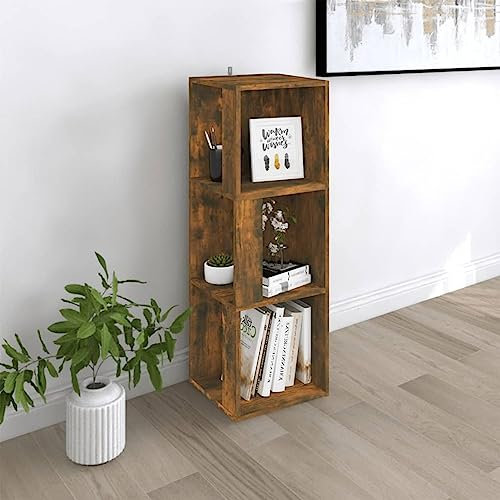 LAPOOH Eckregal Räuchereiche 33x33x100 cm Holzwerkstoff, Bücherregal, Esszimmer Deko, Eckbücherregal, Eckschrank, Leiterregale, Ecke Dekoration