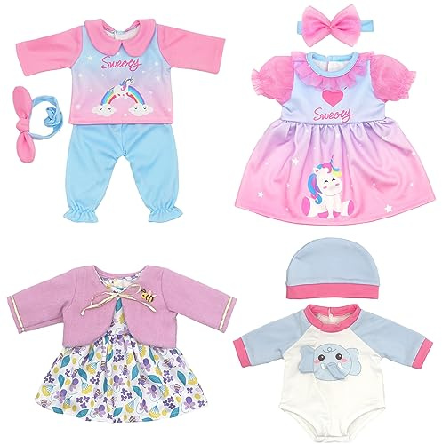 OTMOON Doll Clothes Dress for 14-16 Inch 35-43cm New Born Baby Dolls, 4-packs Soft Outfits with Hat Coat, Headband (Not Include Doll) (OTMOON55)