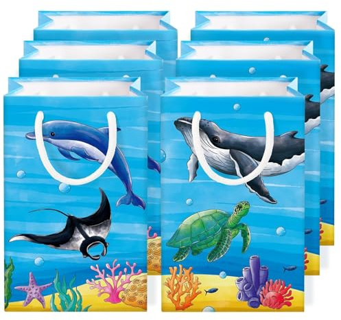WERNNSAI Geschenktüten für Kindergeburtstag – 16er Pack Papiertüten mit Griff Ozean Unterwasser Design mit Meerestieren Party Deko für Jungen Kinder | Ozean Unterwasser Design mit Meerestieren Party Deko für Junge Kinder Mottoparty Dekorationen Zubehör