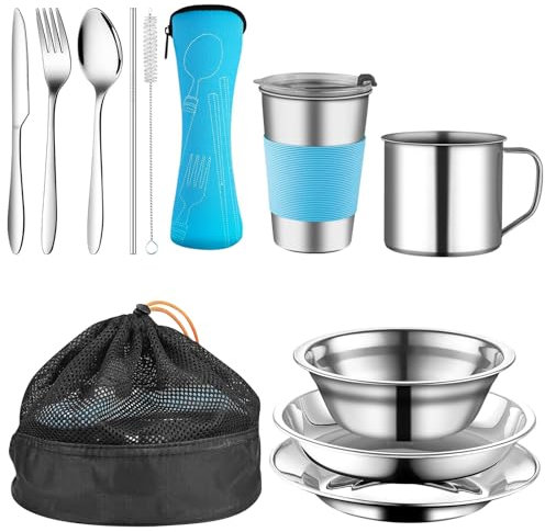 YushenTai Gavetta Scout, Set Blu da 10 Pezzi Kit, Campeggio con Posate, Forchette, Ciotole e Bacinelle Gavetta Scout, 1Persona, Gavetta Acciaio Inox per Viaggi All'aria Aperta, Campeggio, Picnic, ecc
