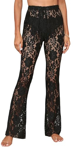 FEOYA Pantaloni in Pizzo Donna Spiaggia Copritevi Pantaloni Estivi in Maglia all'Uncinetto Cover Up Pantaloni a Rete a Vita Alta Bikini Nero M