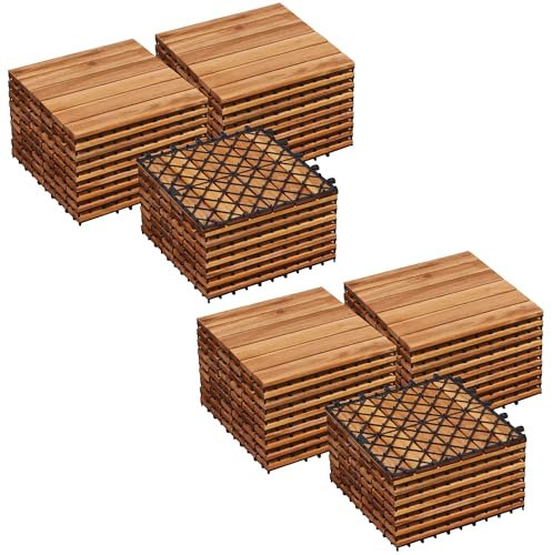 Yaheetech 2 Pack Waterproof Acacia Wood Interlocking Decking Tiles Flooring Tiles 31×31cm for Outdoor & Indoor, Patio, Balcony, Garden, Total 54pcs
