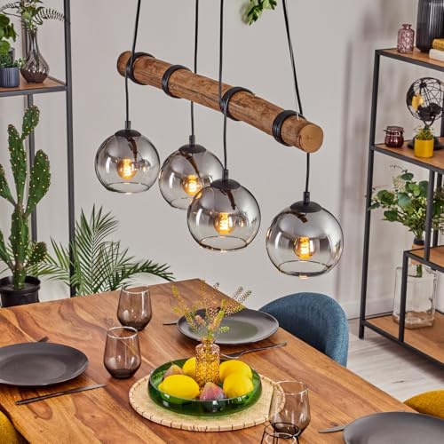 HOFSTEIN Koyoto Hängeleuchte, Pendelleuchte Klar, Rauchfarben, 4-flammig | Elegante Pendelleuchte mit 4 Glasschirmen an einem Holzbalken – warmes, gemütliches Licht über dem Esstisch.