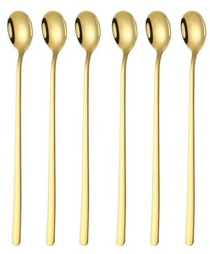 Voarge 6-teilig Löffel Set 23.5 cm langem Griff Eislöffel lang Rührlöffel aus Edelstahl Ideal für Eiskaffee Eistee Milchshake Eisbecher kühles Trinken (Gold)