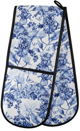 Double Oven Gloves Tatenale Floral China Blue Heat Resistant Pot Holder Oven Mitt Gloves for BBQ Cooking Baking Grilling Microwave