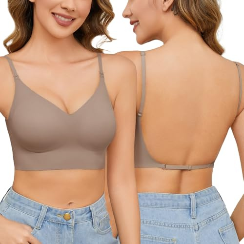 Niwicee Soutien Gorge Dos Nu Soutien Gorge Push Up Soutien Gorge Grande Taille Soutien Gorge sans Bretelles Soutien Gorge Dos Transparent-Gris-L