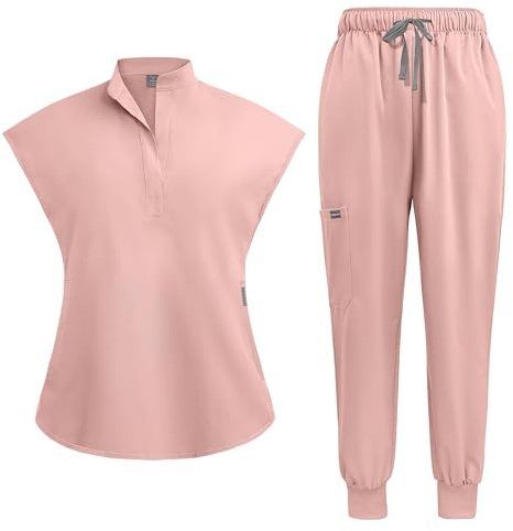 Meichoon Women's Medical Scrubs Separate Set Stand-up Neck Stretch Top with 2 Side Pockets Tapered Yoga Pants Soft & Wrinkle Resistant DK55