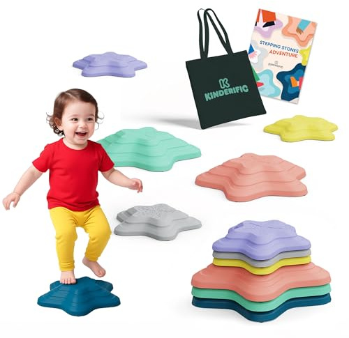 Kinderific Stepping Stones for Kids and Toddlers, 6 Star-Shaped Balance Stones, Sensory Play Toy for Ages 3+, Non-Slip, Indoor Outdoor, Multicolor