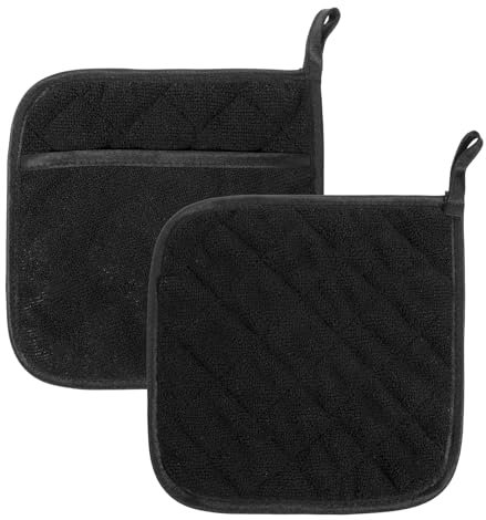 2 Stück Topflappen Baumwolle mit Tasche Hitzebeständige Anti-Rutsch Ofenhandschuhe Kochhandschuhe Topflappen Topfhandschuhe Ofen Handschuhe Set zum Kochen Backen Grillen Größe 20 x 20 cm Schwarz