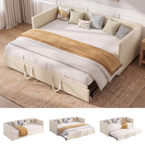 BHFFTHK Ausziehbares Tagesbett 90x200/180x200 – Polsterbett Schlafsofa mit ausziehbarem Rollbett & Lattenrost, Schlafcouch zum Doppelbett, Samt Beige, ohne Matratze