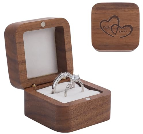 PH PandaHall Valentinstag Holz Ring Box Double Slot Ringbox Gravierte Ringaufbewahrungsbox Ringträger Box Rustikale Ringhalterbox mit weißem Samt innen für Hochzeit Verlobung Zeremonie 5.5x5.5x3.7cm