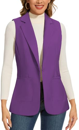 Kyzoeyou Blazer sans manches pour femme Gilet long de bureau entièrement doublé à un bouton Veste Gilet à revers cranté, P-violet, XXL