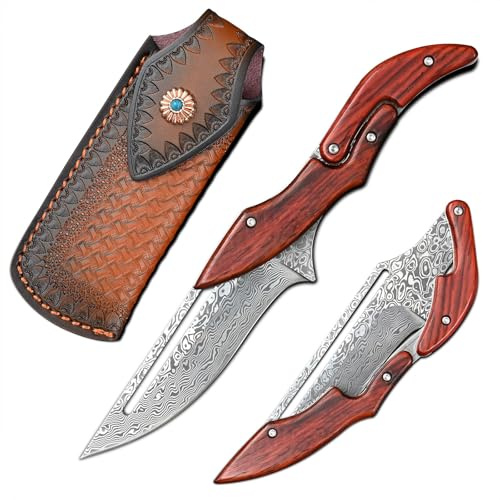 Generisch Damast Klappmesser Klappmesser, Handgeschmiedete Damaszenerstahl-Klinge, Handgefertigte Lederscheide, Braun