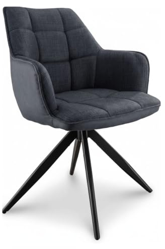 Liadomo Esszimmerstuhl London, Armlehnstuhl, Esszimmerstühle, Küchenstühle, Stuhl für Esszimmer, Textilbezug dunkelgrau, 360° drehbar, Metallbeine schwarz, Kasettensteppung, bequem gepolstert