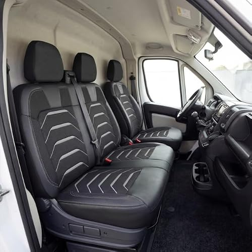 GIOVANNI BUTTI Autositzbezüge 2+1 für FIAT Ducato, Peugeot Boxer, Citroen Jumper 2014-2026, Opel Movano C 2022-2026 - Leinen/Schwarz-Grau - Vordersitz-Set (rechter Beifahrersitz geteilt)