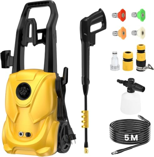 Nettoyeur Haute Pression, 180 Bar Nettoyeurs Haute-Pression, Débit : 680 L/H, 2000 W Moteur Brushless Laveur Haute Pression Eau Chaude, 5-en-1 pour Terrasse, Maison, Jardin, Voiture, Washer