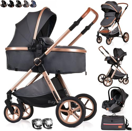 Baby Buggy Pram Pushchair Stroller 3 in 1 with Car Seat Carrycot Child Lightweight Folding Stroller Travel System Pram for Newborns & Toddlers from Birth (BBA - Grey Gold, BBA)