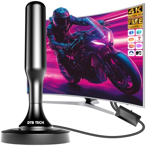 Antena TV Interior Potente TDT con Amplificador, Antena portatil TV, Antena TV para Interior - Recepción 360° Omnidireccional 4K 1080P Canales Locales Sin Suscripción, Base Magnética & Cable 9.8ft