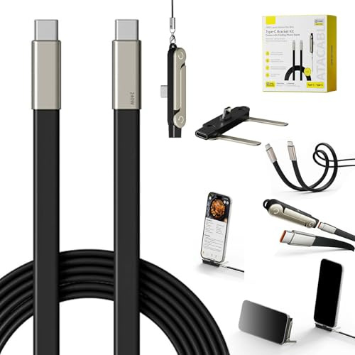 Cavo di ricarica del supporto telefonico invisibile, cavo di ricarica rapida intrecciato da 240W, adattatore supporto 2 in 1 rimovibile, cavi USB C a USB C, 1,5 m, rotazione a 360 °, per smartphone