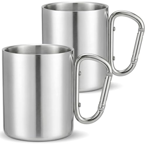 Tebery 2 Pack 300ml Stainless Steel Coffee Mugs with Hook Handle, 10oz Double Walled Travel Water Tea Coffee Cups for Backpacking, Camping, Hiking