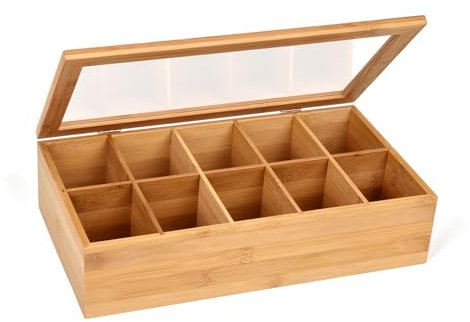 Gräwe Scatola da tè in bambù con 10 scomparti, coperchio pieghevole, finestra trasparente, scatola per bustine di tè per conservare gli aromi, 36 x 20 x 9 cm
