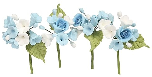 House of Cake Mini Rose Spray Cake Topper | 4 Piece - Blue | Floral Cake Decoration With Flowers and Leaves, Ideal For Wedding & Celebration Cakes, Food Safe