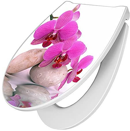 banjado Premium Toilettendeckel mit Absenkautomatik 45x38,4cm / WC Brille Soft Close/hygienischer Toilettendeckel/Klodeckel Duroplast mit Edelstahl Scharnier/Motiv Orchidee