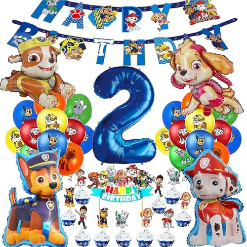 Décoration Anniversaire Pat' Patrouille, Ballon Anniversaire 2 Ans Garçon, Bannière et Cupcake Toppers Déco Enfant (Numéro 2)