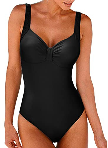 Costumi Interi Donna, One Piece Costumi da Bagno Push Up Trikini Imbottito Backless Swimsuit Pin Up Costume Bohemian Beachwear(Nero, XL)