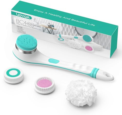 VOYOR Rückenbürste Duschbürste Körperbürste elektrische Rückenbürste langer Griff wasserdicht Aufladbar mit 4 Reinigungsköpfen für Spa Dusche Peeling Massagebürste(Blau)